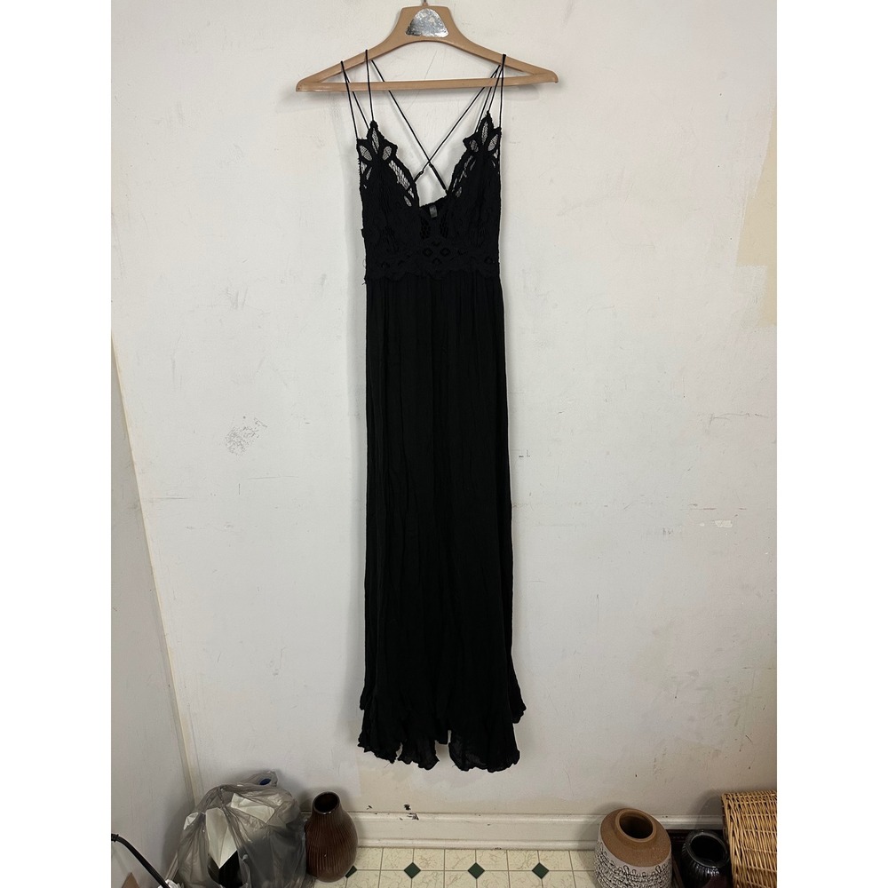 Free People FP One Adella Black Crochet Lace Boho Ruffle Maxi Dress XS